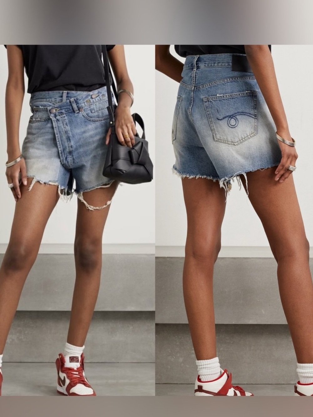 R13 Distressed Crossover Denim Shorts in Light Blue